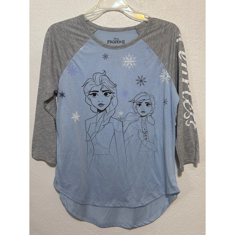 Disney Frozen II Elsa Anna Fearless Raglan 3/4 Sleeve Shirt Blue Gray Medium NEW